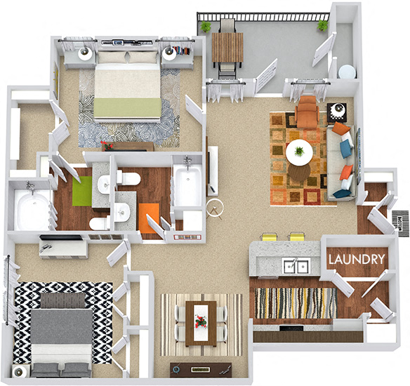 Floor plan for 2 beds, 2 baths, 1064 sqft